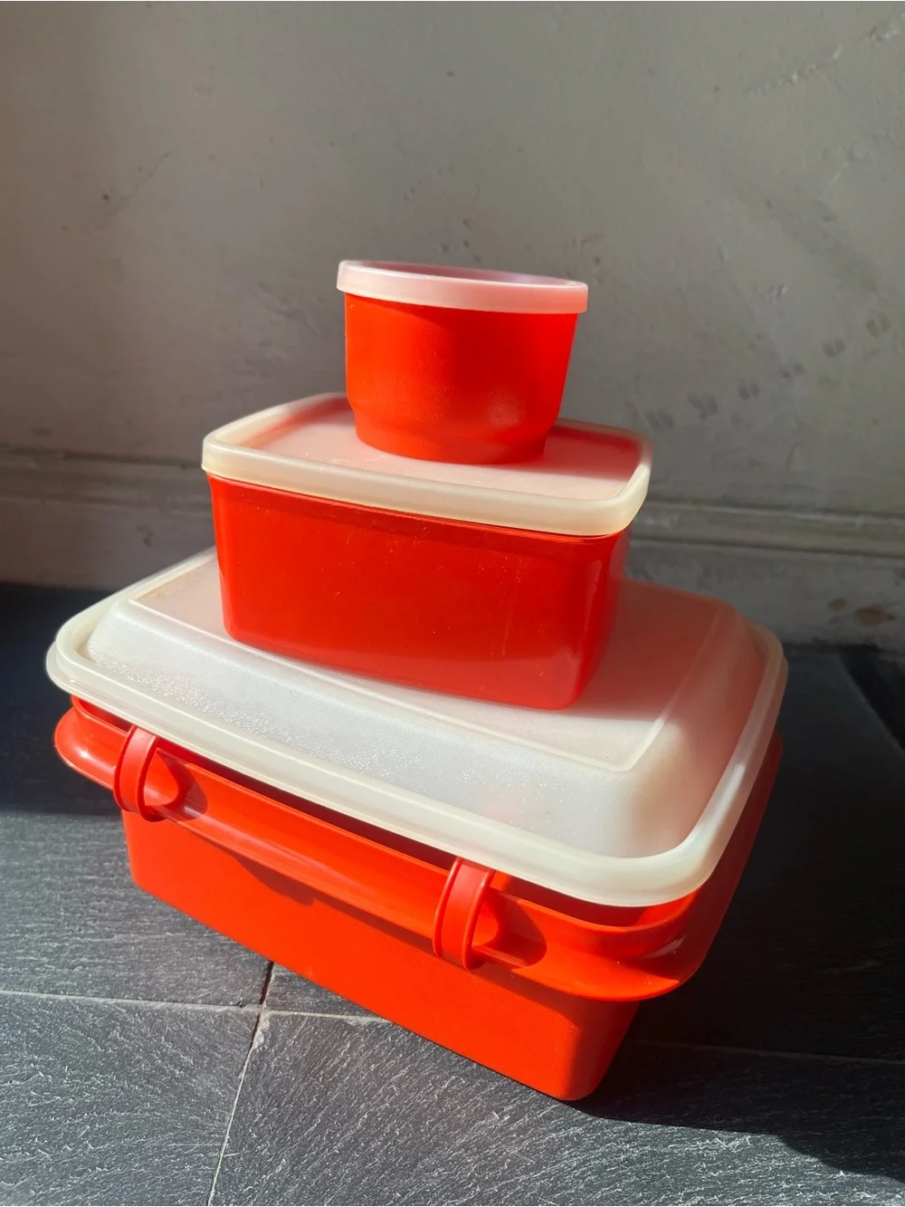 Lovely Vintage 60’s 70’s Bright Retro Red Lunch Box Set